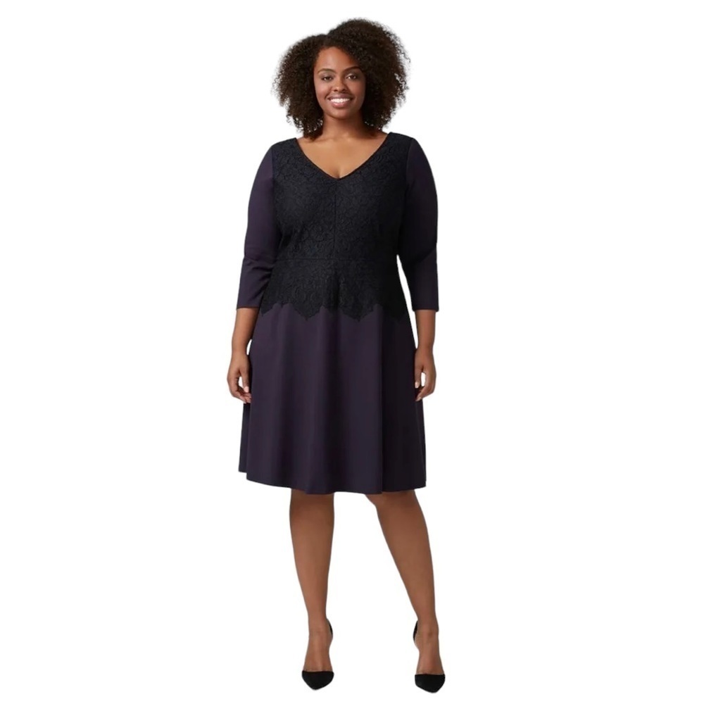 Lane Bryant Women’s Fit & Flare Dress Plus Size 22 Navy Lace 3/4 Sleeves Stretch
